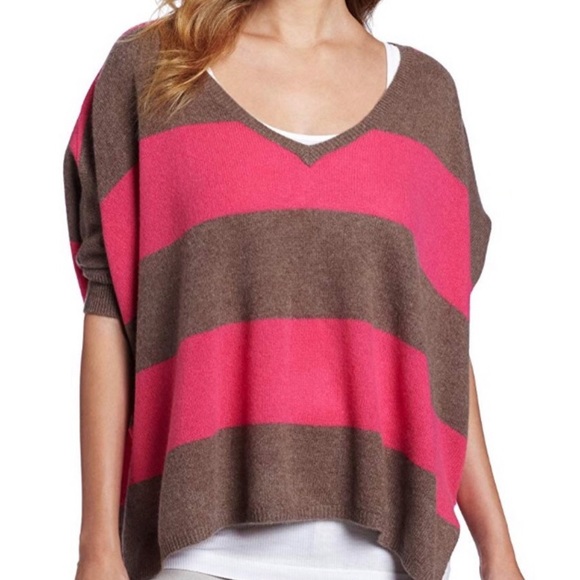 MINNIE ROSE Cashmere Striped 3/4 Sleeve Navy and Brown Oversized Sweater XS/S - Picture 9 of 9